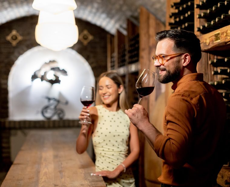 Pareja catando vino en una bodega